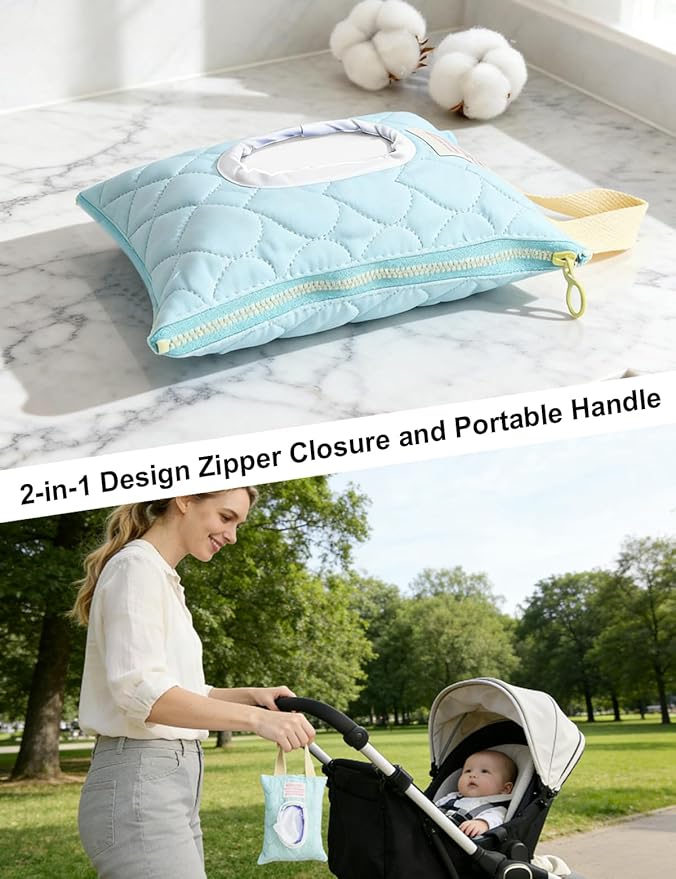 Reusable Baby Wipe Cover Fabric Quilted, Universal Size Travel-Friendly Baby Wipes Bag with Zipper Compatible with HUGGIES,WaterWipes,Pampers,Johnson and More Brands (Green)