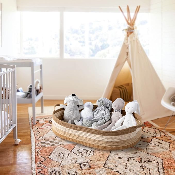 Baby Changing Basket - Moses Basket Changing Table Topper and Thick Foam Pad with Removable Cotton Mattress Cover, 100% Cotton Boho Nursery Decor with Storage Bag