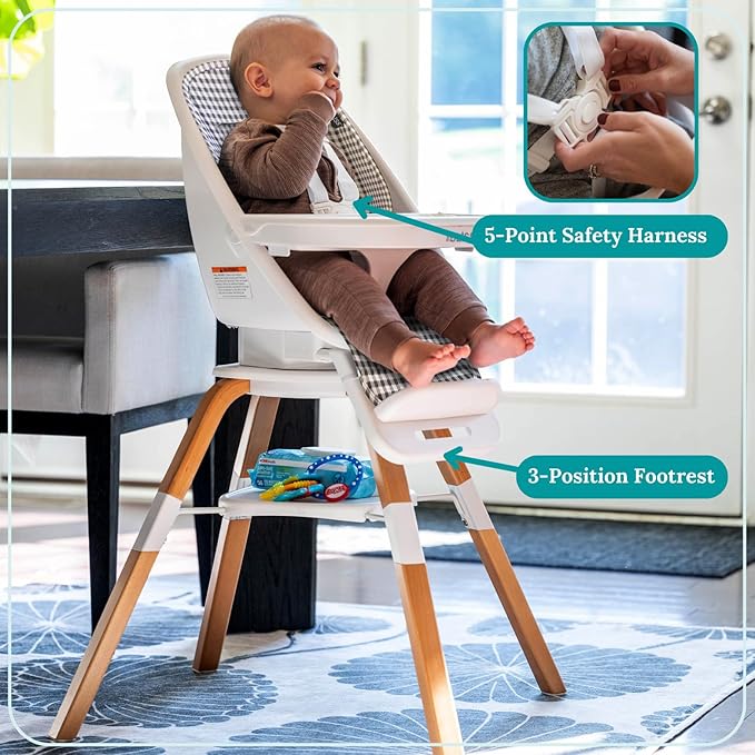 TruBliss Turn-A-Tot High Chair for Babies and Toddlers, 2 in 1 Wooden Portable Baby Feeder or Adjustable Child's Seat with 360 Degree Swivel, Removable Tray, and Pad (Gingham)