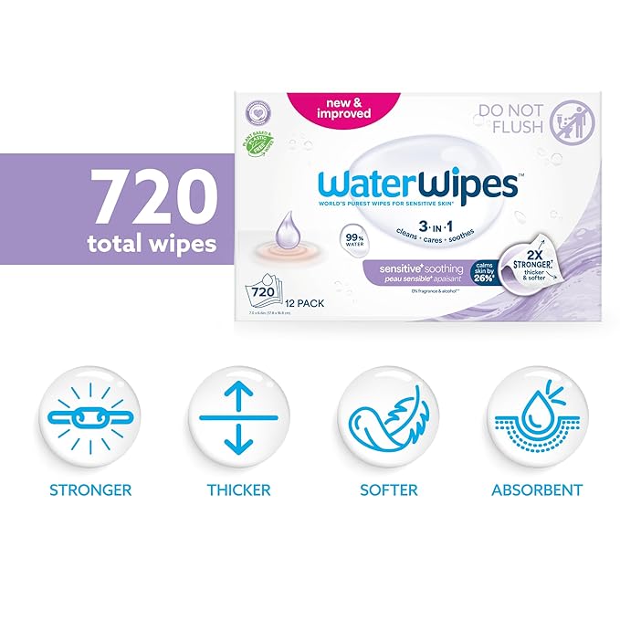WaterWipes Plastic-Free Soothing Clean 99% Water Based Botanical Baby Wipes, Unscented & Hypoallergenic for Sensitive Skin, 12 Resealable Packs (720 Wipes)