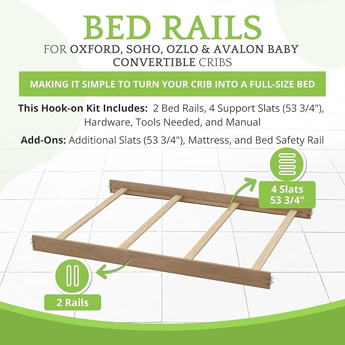 Full-Size Conversion Kit Bed Rails for Oxford, Soho, Ozlo & Avalon Baby Convertible Cribs - Solid Wood - Toddler and Adult Rail for Full-Size Bed - Nursery and Baby Furniture (Honey, Hook-On Kit)