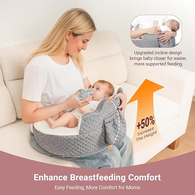 Elevated Nursing Pillow with Arm Pillow, Ergonomic Safety Memory Foam Breastfeeding Pillow, Adjustable Strap, Wider Cushion, Removable Cover & Side Pocket for Breastfeeding & Bottle Feeding