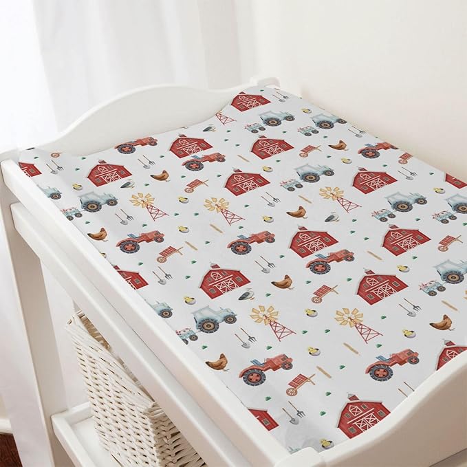 Watercolor Farm Animals Changing Pad Cover Retro Barn Chicken Pig Hen Duck Windmill Tractor Diaper Change Table Cover Sheets for Boys Girls Soft Stretchy Fitted Changing Mat Sheets 32''x16''