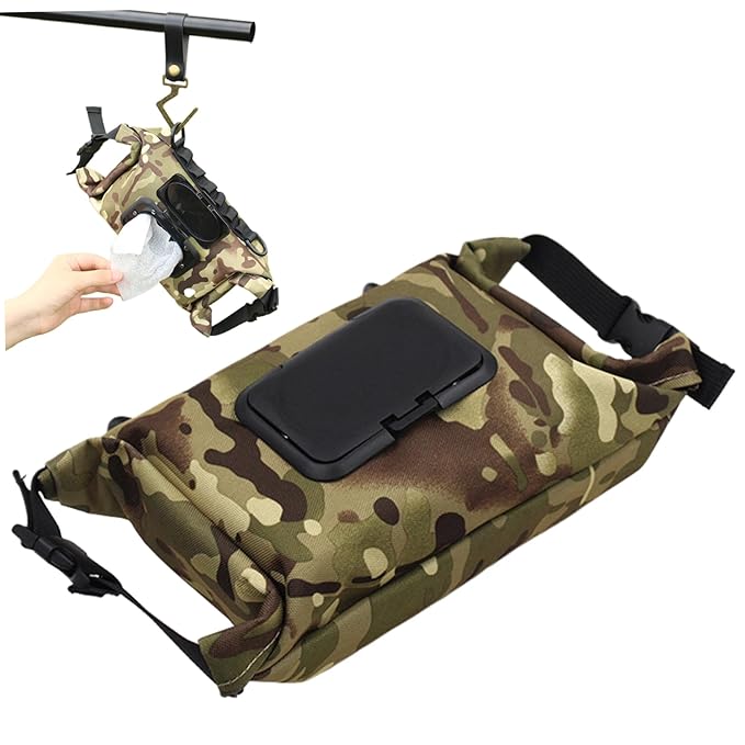 Camping Wipes Dispenser, Waterproof Canvas Toilet Paper Case with Press Lid, Portable Refillable Hanging Wipe Holder, Travel Wipes Case for Camping Hiking (Camouflage)