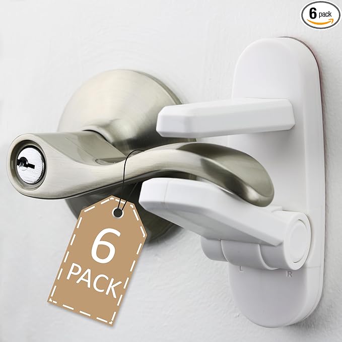 Door Lever Lock (6 Pack) Prevents Toddlers from Opening Doors. 3.25" L * 1.5" W * 4.5" H Easy One Hand Operation for Adults. Durable ABS with 3M Adhesive Backing. Simple Install, No Tools Needed.