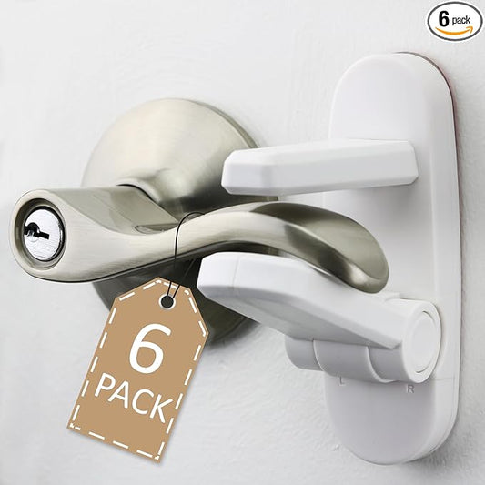 Door Lever Lock (6 Pack) Prevents Toddlers from Opening Doors. 3.25" L * 1.5" W * 4.5" H Easy One Hand Operation for Adults. Durable ABS with 3M Adhesive Backing. Simple Install, No Tools Needed.