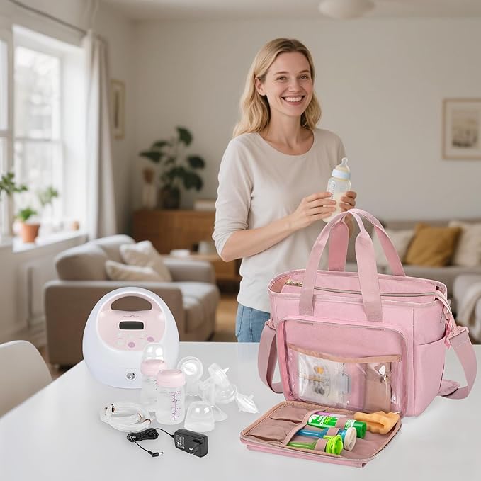 LUXJA Breast Pump Bag Compatible with Spectra S1 and S2 (with a Waterproof Mat), Pumping Bag for Breast Pump and Extra Parts, Pink