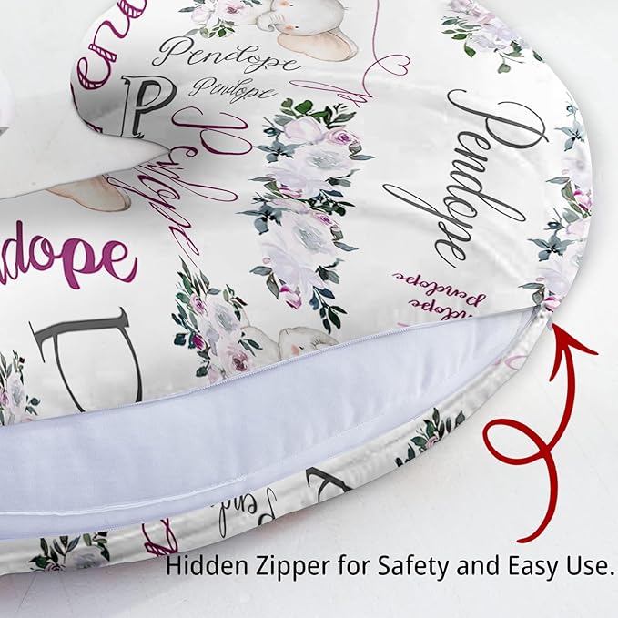 Baby Nursing Pillow Cover - Personalized Name Breastfeeding Pillow Cover with Elephant Pattern, Stretchy Removable U-Shaped for New Moms, Soft Breathable Slipcover for Infant Boys Girls