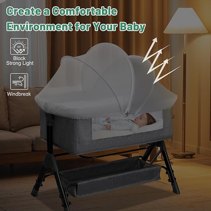 Bassinet Cover for Cats - Blackout Breathable Mosquito Net for Baby Bedside Sleepers & Travel Cribs, 2-Way Zipper Bug Canopy Tent to Block Light & Keep Cats Out (Gray-Small)