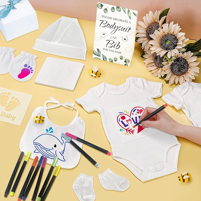 78PCS Baby Bib Bodysuit Baby Shower Set Baby Shower Game Sign Baby Feede Bib Newborn Bodysuit Fabric Marker