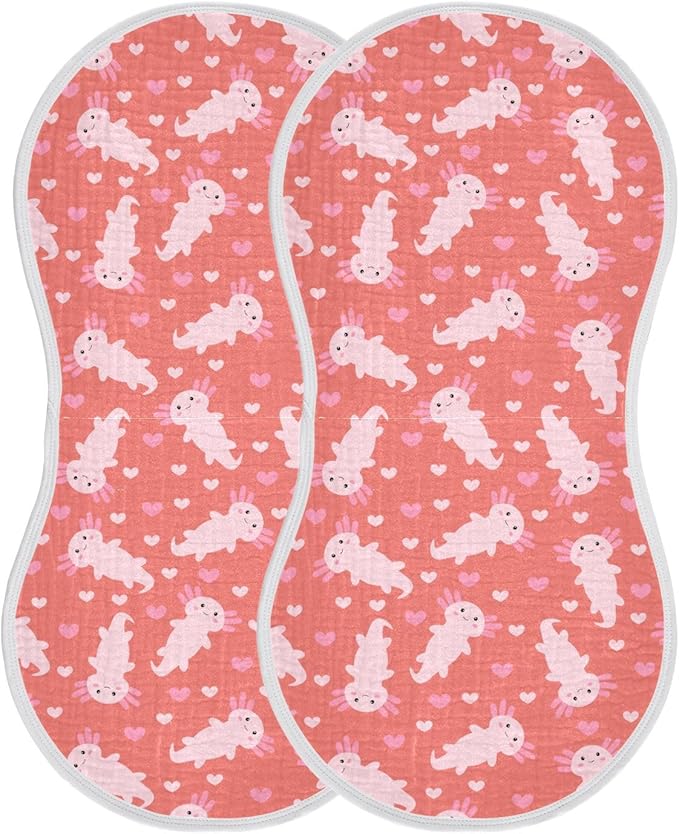 Muslin Burp Cloths for Baby Boys and Girls - 2-Pack Ultra Absorbent Cute Axolotl Heart Muslin Washcloths, Newborn Towel, Milk Spit Up Rags, Burp Cloth Bib for Unisex, 22 x 11 Inch