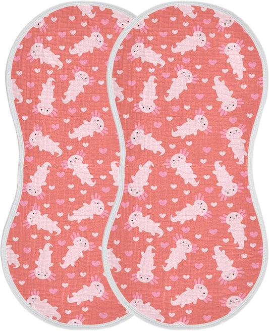 Muslin Burp Cloths for Baby Boys and Girls - 2-Pack Ultra Absorbent Cute Axolotl Heart Muslin Washcloths, Newborn Towel, Milk Spit Up Rags, Burp Cloth Bib for Unisex, 22 x 11 Inch