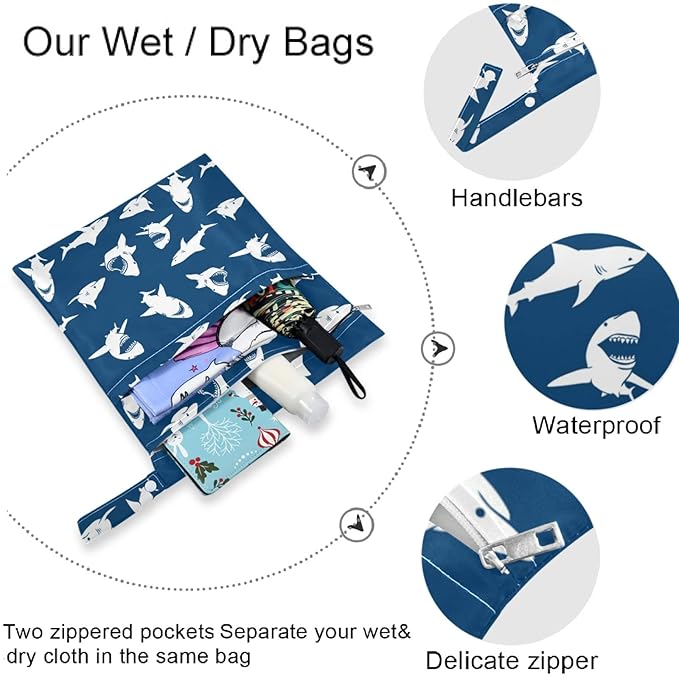 visesunny Fun Shark 2Pcs Wet Bag with Zippered Pockets Washable Reusable Roomy for Travel,Beach,Pool,Daycare,Stroller,Diapers,Dirty Gym Clothes, Wet Swimsuits, Toiletries