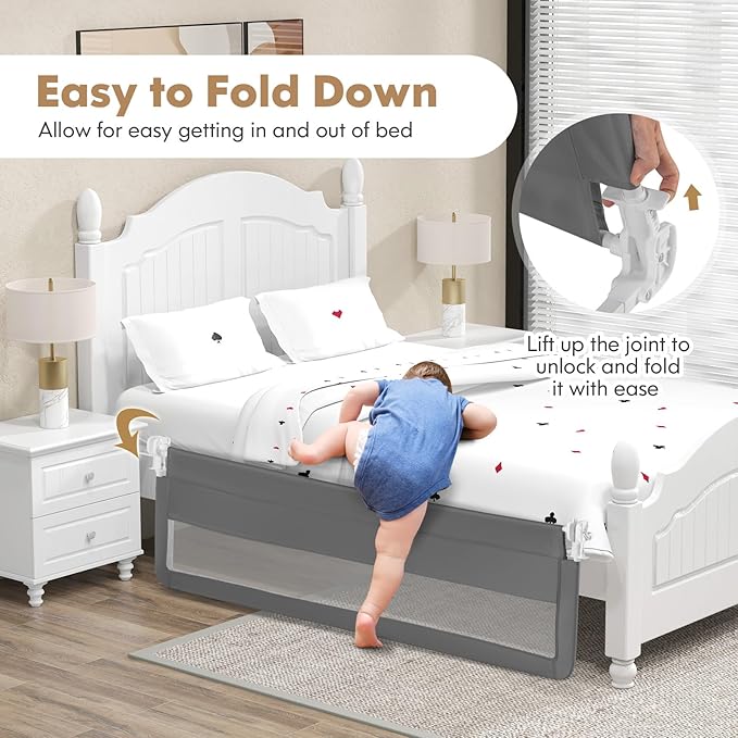 Costzon Bed Rail for Toddlers, 2 PCS Extra Long Swing Down Safety Bed Guards w/Straps for Convertible Crib, Kids Twin, Double, Full Size, Queen & King Bed, Folding Bed Rails for Baby (71-Inch, Gray)