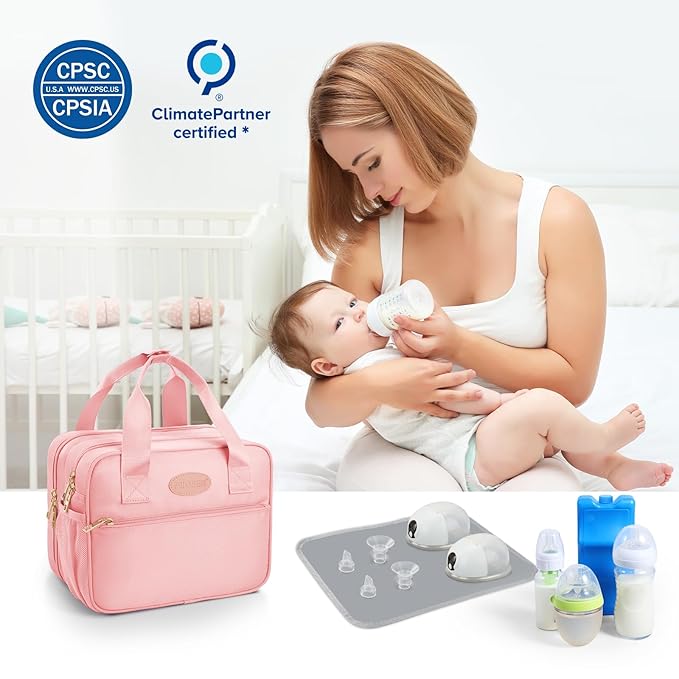 PIIOSER Breastmilk Cooler Travel Bag with Ice Pack, Compatible with Wearable Breast Pumps & Accessories - Portable Hands Free Breast Pump Carrying Case for Nursing & Working Moms, Pink