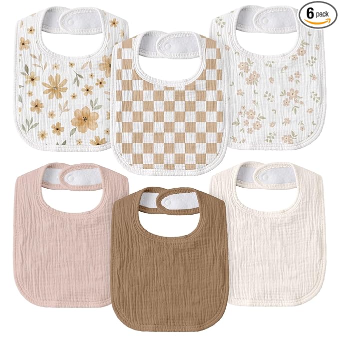 GLLQUEN BABY Muslin Drool Bibs for Boys Girls 6 Pack, Adjustable Baby Bibs for Drooling and Teething, Soft Cotton Baby Bandana Bib for Newborn Feeding Essentials (Autumn Flora)