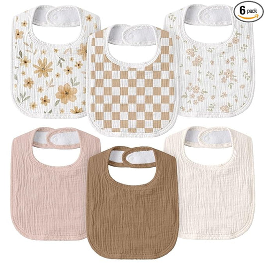 GLLQUEN BABY Muslin Drool Bibs for Boys Girls 6 Pack, Adjustable Baby Bibs for Drooling and Teething, Soft Cotton Baby Bandana Bib for Newborn Feeding Essentials (Autumn Flora)