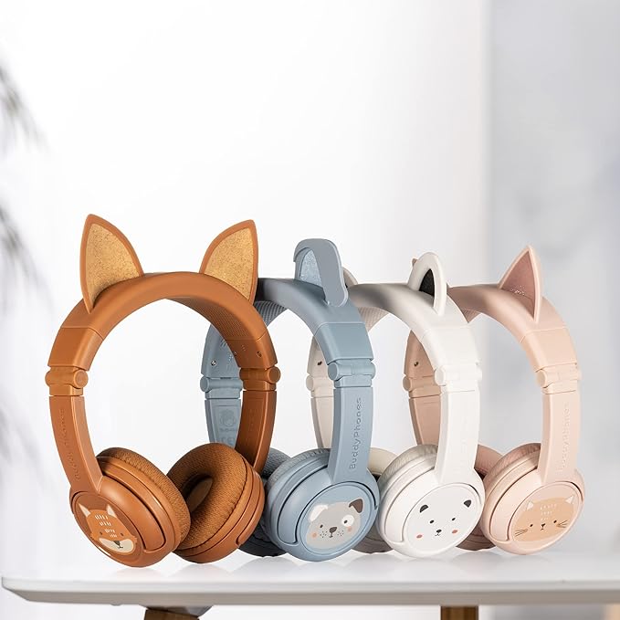 BuddyPhones PlayEars Plus | Cat Ear Foldable Bluetooth Kids Headphones + Microphone, Works Wired or Wireless - SafeAudio Volume-Limiting for iPhone/iPad/Tablet/PC and More