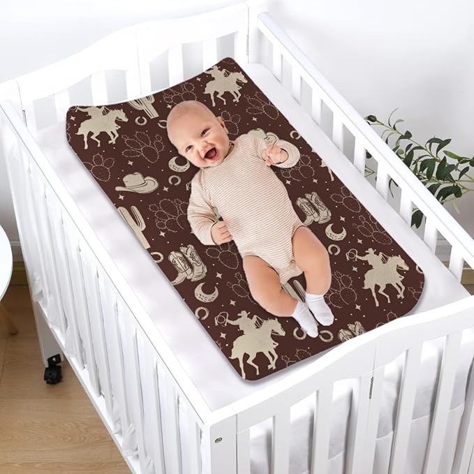 Vintage Western Cowboy Baby Changing Pad Covers Cowboy Horse Boots Hat Cactus Moon Baby Diaper Changing Table Sheets for Boys Wild Plants Soft Breathable Stretchy Nursery Change Table Mats 32''x16''