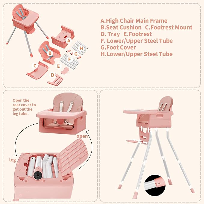 Portable High Chairs for Babies and Toddlers, Convertible Baby Feeding Chair with Tray, Easy Clean High Chair for Toddler with Foot Rest, Infant Highchairs & Booster Seats with Cushion Pink