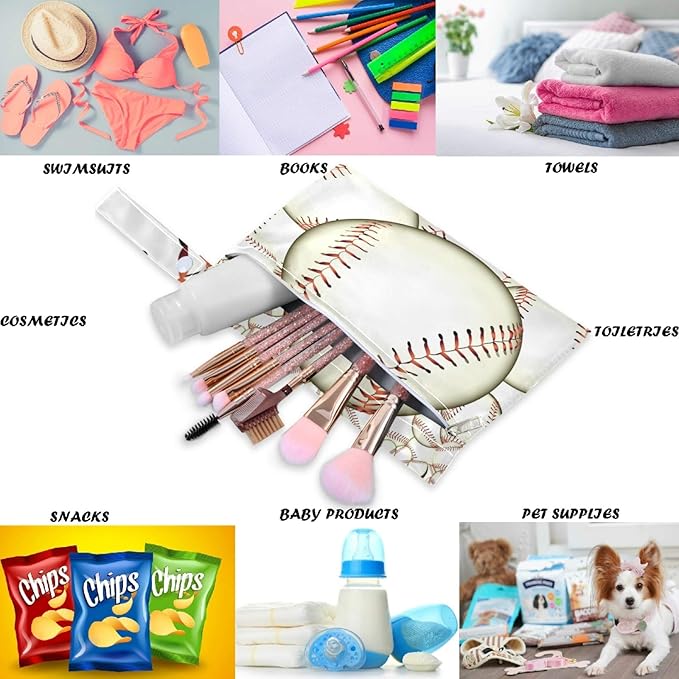 visesunny Baseball 2Pcs Wet Bag with Zippered Pockets Washable Reusable Roomy for Travel,Beach,Pool,Daycare,Stroller,Diapers,Dirty Gym Clothes, Wet Swimsuits, Toiletries