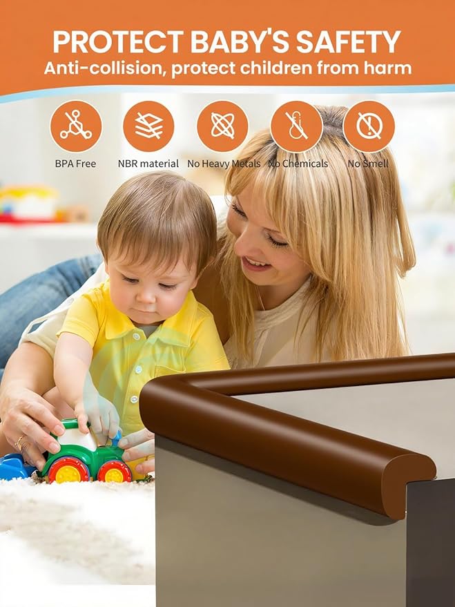 Baby Proof Edge Corner Protector, 16.4FT 0.47''Th L-Shape Furniture Corner & Edge Safety Bumper with 10 Corners, Pre-Taped, Soft NBR Rubber Foam Desk Edge Cushion Wall Corner Protector (Coffee)