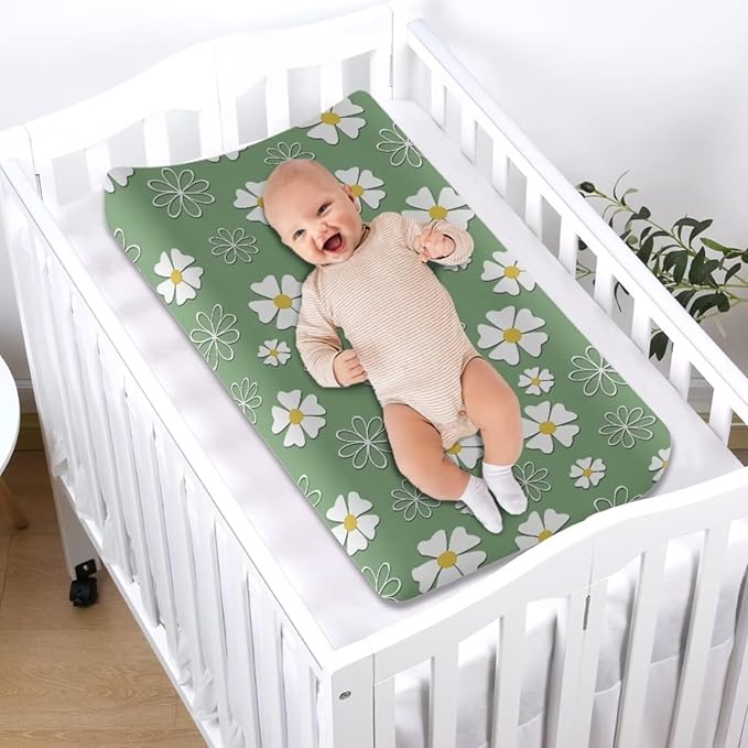Stretchy Diaper Changing Table Cover, Snug and Soft Change Table Pad Covers Fit 16 * 32 Inches, Daisy Green