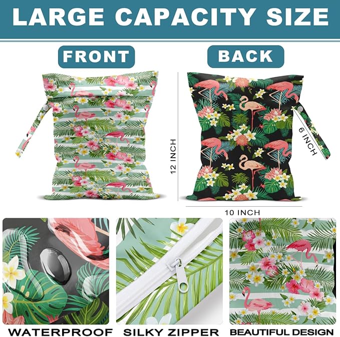 ZHAMEN 2Pcs Wet Bag, Wet Dry Bag Reusable with Zipper, Travel, Beach, Pool, Diapers, Baby Clothes, Dirty Yoga Gym Clothes, Makeup Bag, Waterproof Wetdry Packing, Flamingo Decor (12x10 Inch)