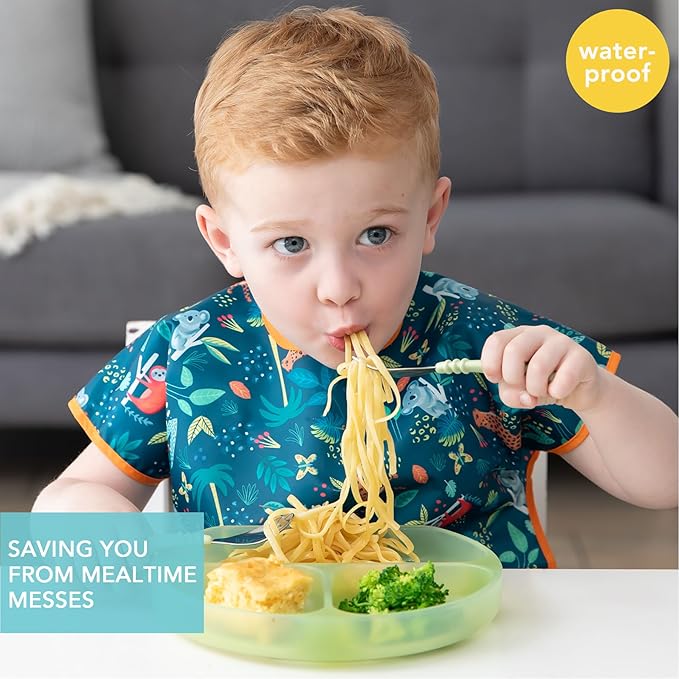 Bumkins Short Sleeve Bib for Girl or Boy, Toddler and Kids for 1-3 Years, Large Size, Essential Must Have for Junior Children, Eating, Mess Saving Soft Fabric Apron for Play, Jungle