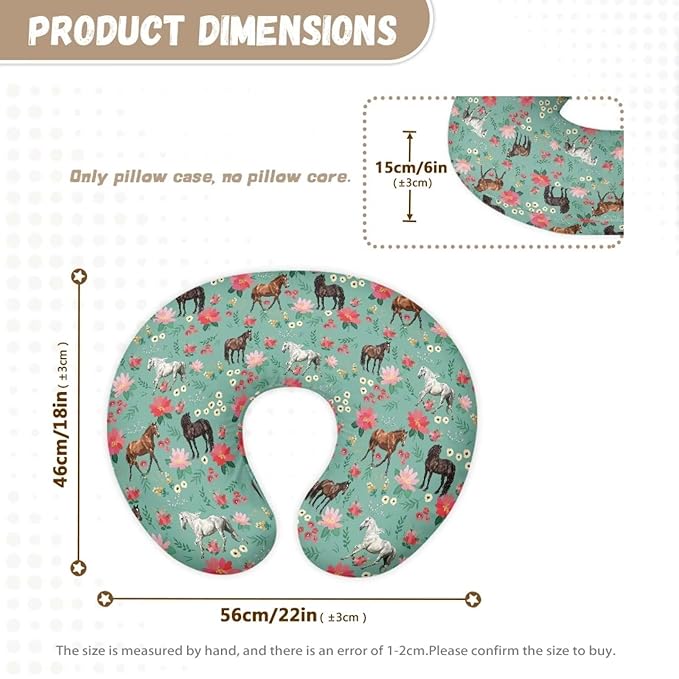 Horses Floral Washable Baby Nursing Pillow Cover with Hidden Zipper Dustproof Washable Support Pillow Slipcover for Bottle and Breastfeeding, Home Car Decor