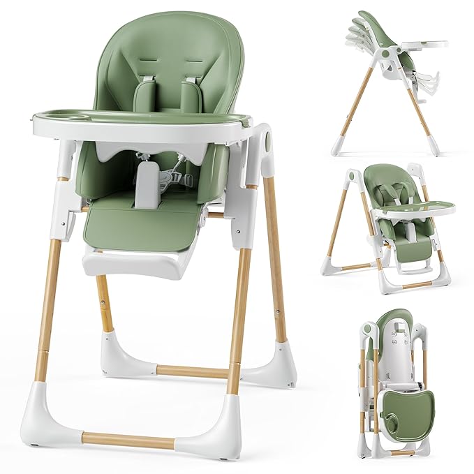 Kinder King Convertible High Chair for Babies & Toddlers, Adjustable Baby Feeding High Chair with Removable Double Tray, Simple Compact Fold for Space-Saving, 2 Built-in Wheels, Easy to Clean