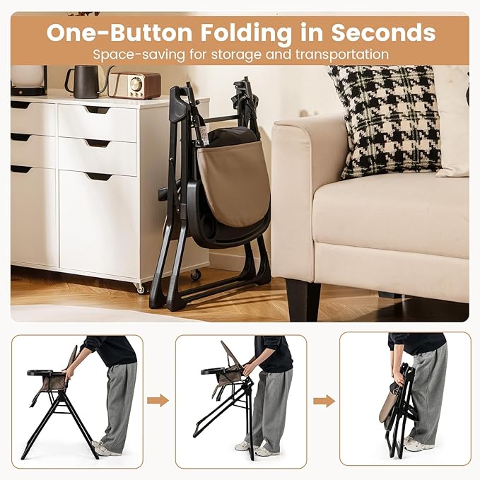 HONEY JOY High Chair, Foldable Baby Feeding Chair, Adjustable Tray & Footrest, Removable Easy-to-Clean PU Seat Cushion, 5-Point Harness, Cup Holder, Highchairs for Babies and Toddlers (Coffee)