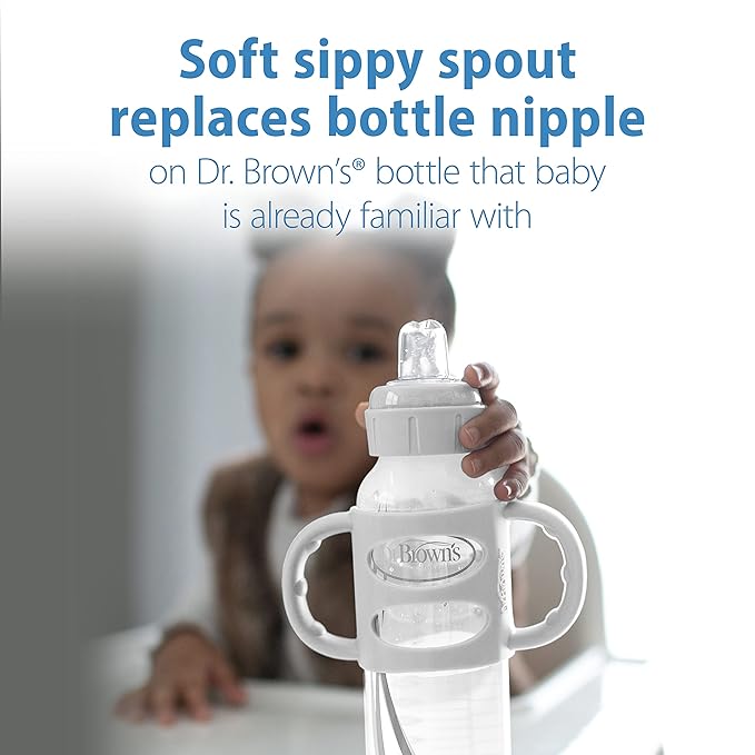 Dr. Brown's Milestones Narrow Sippy Spout Bottle with 100% Silicone Handles 2-Pack, Light-Blue & Gray and Light-Pink & Ecru, 8oz/250mL, 6m+