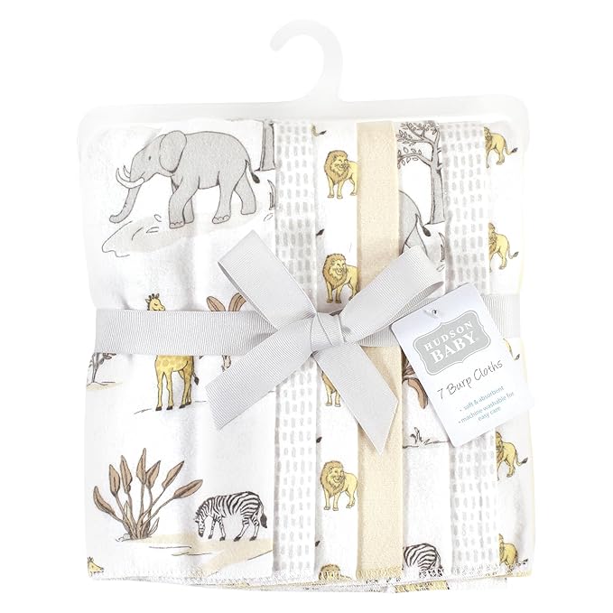 Hudson Baby Unisex Baby Cotton Flannel Burp Cloths 7-Pack, Neutral Safari World, One Size