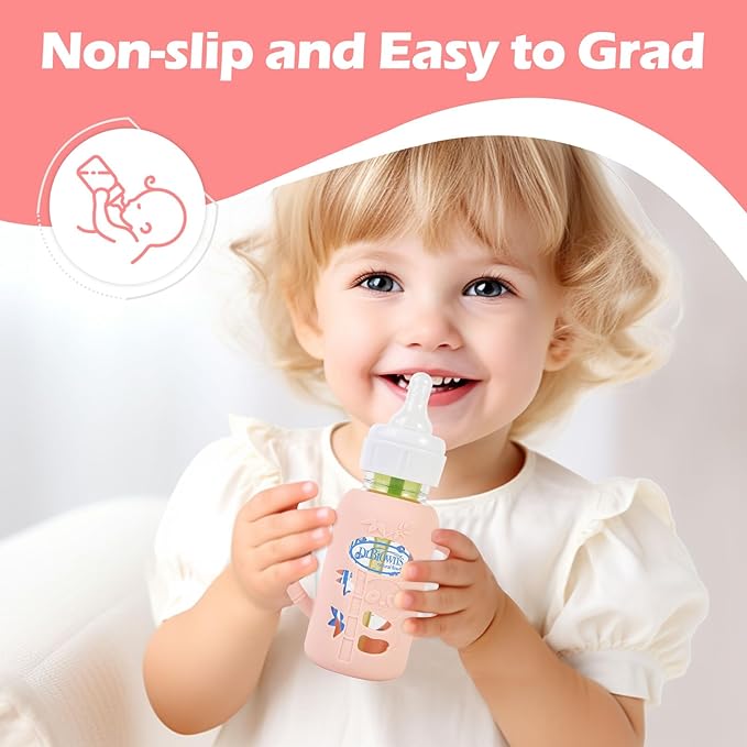 MINMUNJIU 3 Pack Silicone Sleeves for Dr. Brown's Glass Baby Bottles, Anti Breakage Baby Bottle Holder with Handles for Baby Girls, Compatible with Dr. Brown's Glass Baby Bottle, 4 oz/120 mL