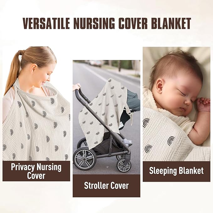 Cinaci 2 Pack Pure Cotton Muslin Lightweight Breathable Breastfeeding Nursing Cover Blankets with Adjustable Metal Clasp (Rainbow Khaki+Khaki)