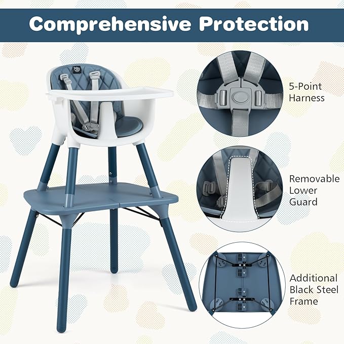 BABY JOY High Chair, 5 in 1 Convertible Highchair for Babies & Toddlers | Booster Seat | Table and Chair Set | Infant Feeding Chair with Removable Tray, Safety Harness, Removable Cushion (Blue)