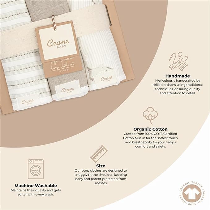 Crane Baby 100% Organic Cotton 3-pc. Burp Cloth Set - GOTS Certified Cotton, Absorbent & Lightweight with Bunny & Stripe Designs, Machine Washable, Muslin Burp Cloth