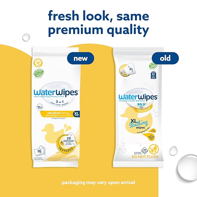 WaterWipes Sensitive+ Bathing Wipes, 3-In-1 Cleans, Cares, Protects, 99.9% Water, Unscented & Hypoallergenic, 16 Count (Pack of 6)