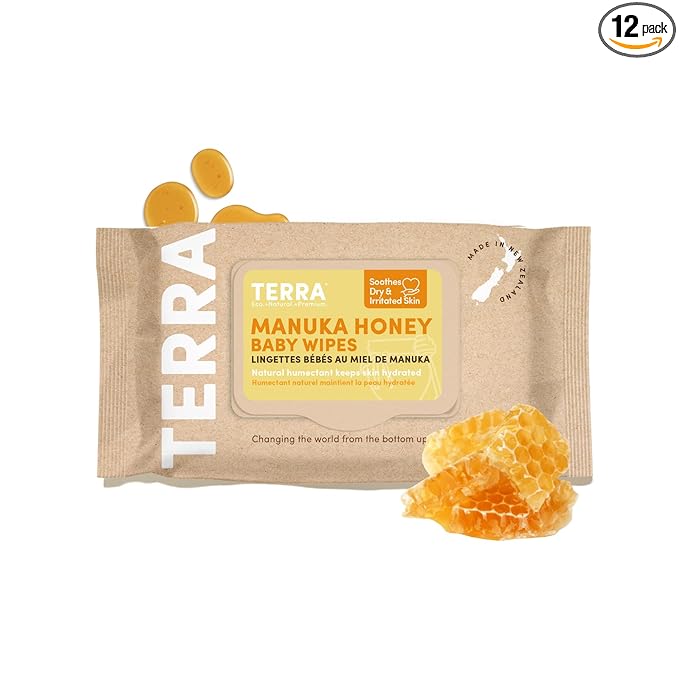 Terra Bamboo Baby Wipes: Manuka Honey, 99.5% Pure New Zealand Water, 100% Biodegradable Bamboo Fiber, 0% Plastic, Unscented Baby Wipes for Sensitive Skin, 1 Pack of 70 Wipes