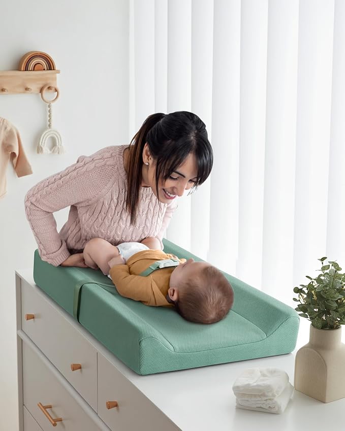 Blissful Diary Contoured Baby Changing Pad with Removable & Washable Cozy Cover, Baby Changing Table Pads with Waterproof Lining Foam and Non-Slip Bottom, Sage Green