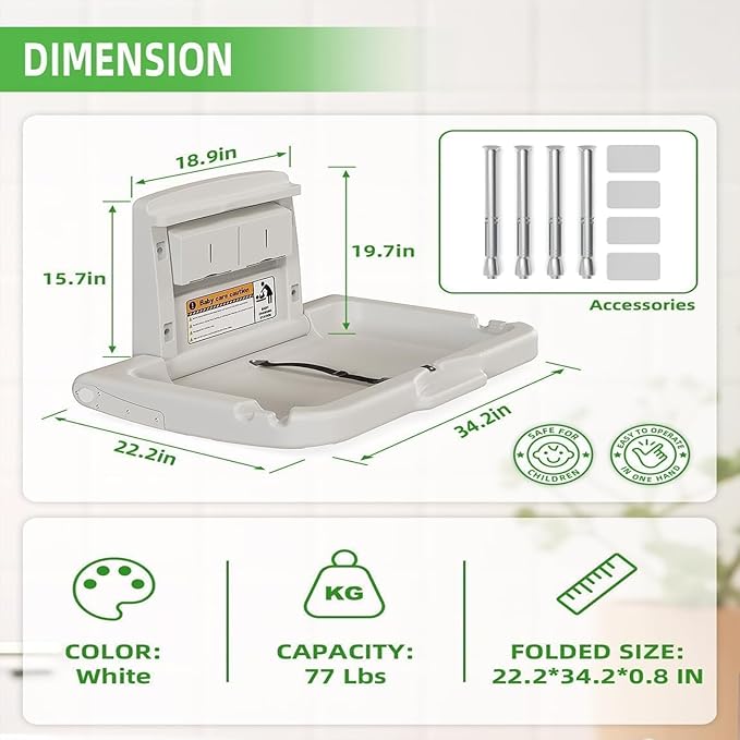 BELZAR Commercial Wall Mounted Baby Changing Station – ADA Compliant, Fold Down Heavy Duty Horizontal Diaper Changing Table with Safety Strap & Paper Liner Holder, For Public Restrooms/Hotels/Airports