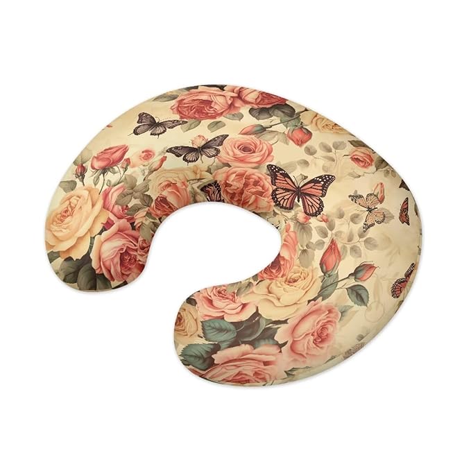 Retro Butterfly Roses Nursing Pillow Support Cover with Hidden Zipper Portable Comfortable Breastfeeding and Bottle Feeding Nursing Pillowcase for Nursery Room Car Decor