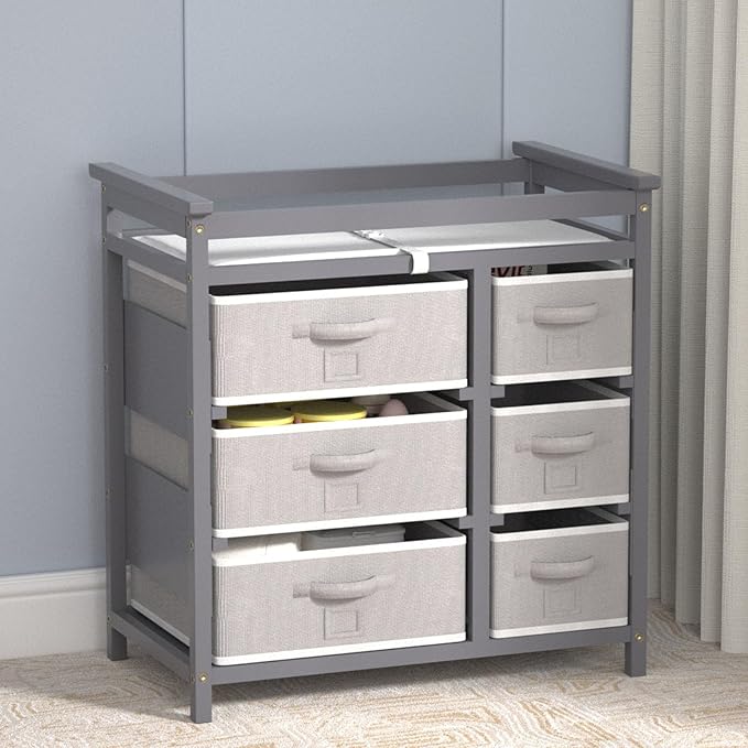 Glaf Baby Changing Table with 6 Storage Drawers and Pad Topper Modern Diaper Change Station Changing Table Dresser for Newborn Baby and Infant (Grey)