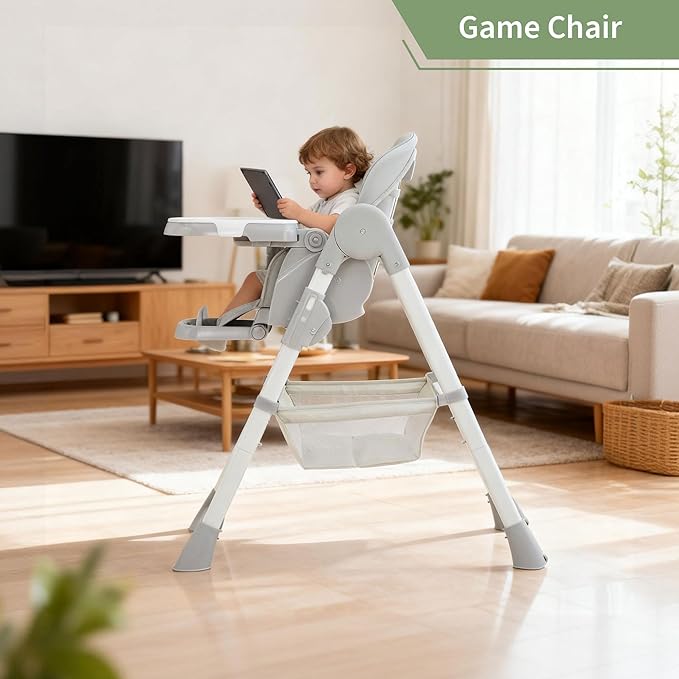 GarveeLife Foldable High Chair for Babies & Toddlers, PU Leather Highchair with Adjustable Backrest, Footrest, Seat Height, Removable Tray, 5-Point Safety Harness, Light Grey