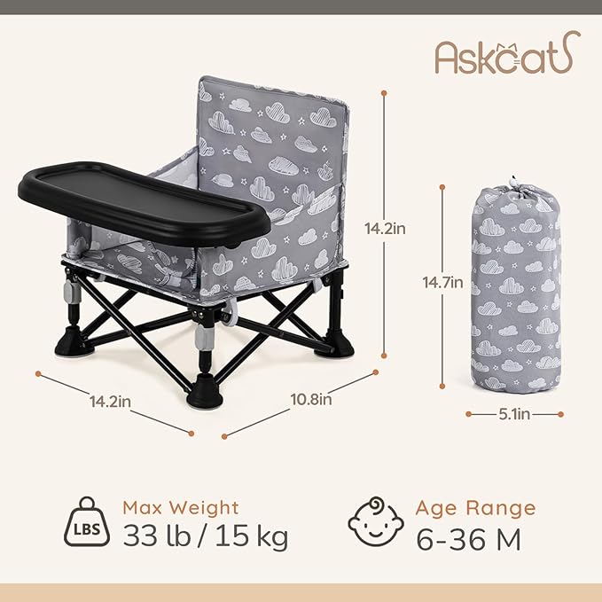 Toddler Booster Seat for Kitchen Chair & Travel - Portable Foldable with Removable Tray, Baby Camping Chair 6-36 Months Indoor Outdoor (White Cloud Design)