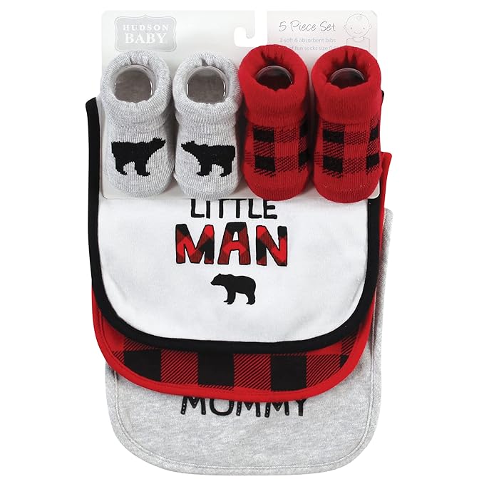 Hudson Baby Unisex Baby Cotton Bib and Sock Set, Buffalo Plaid Family, One Size