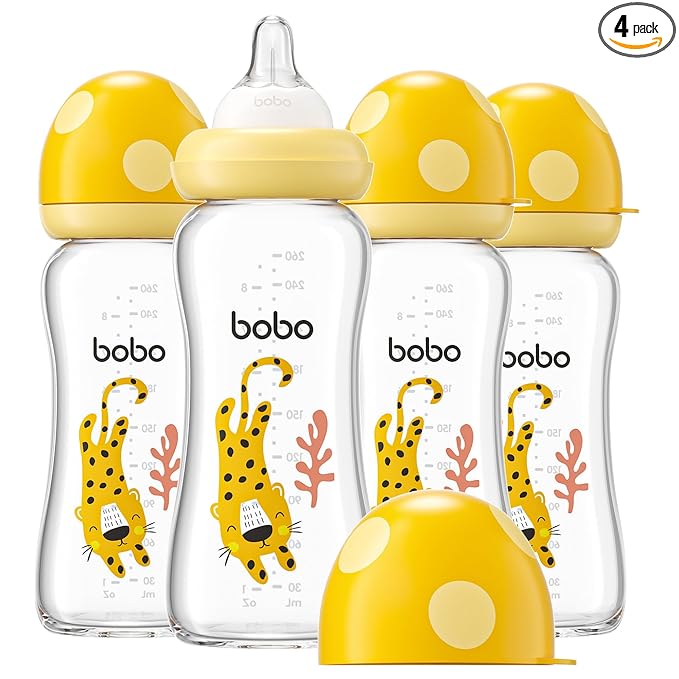 YOHKOH Natural Glass Baby Bottle with Level 2 Medium Flow Nipple, Newborn Anti-Colic Baby Bottles, Wide Neck Mushroom Baby Glass Bottle (8.8ounce (Pack of 4), Yellow2)