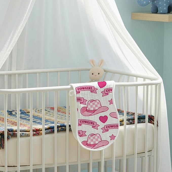 6 Pack Baby Burp Cloths, 100% Cotton Crinkle Muslin with Pink Western Cowgirl & Cherry Print, Large Soft & Absorbent Washcloths, Perfect Newborn Baby Girl Shower Gift