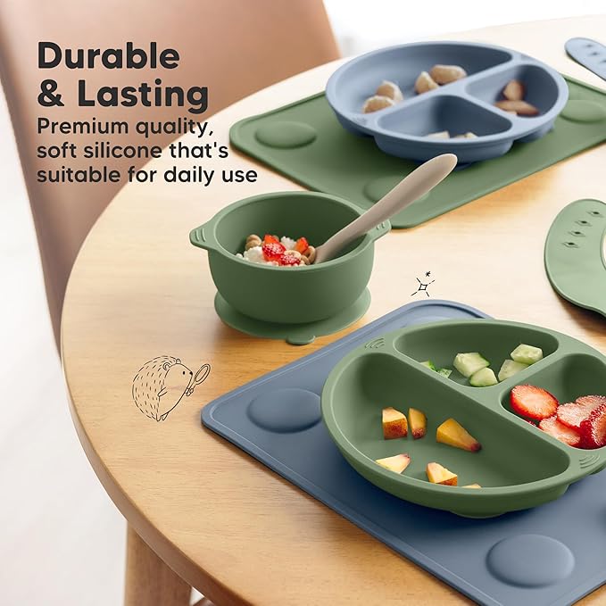 KeaBabies 2pk Silicone Placemats for Toddlers,Kids - 12x9 Non Slip Suction Baby Silicone Placemat for Restaurants,Dining Table,Travel,Easy to Clean,Food Grade/BPA-Free,Small Baby Table Mat(Pastel Sky)